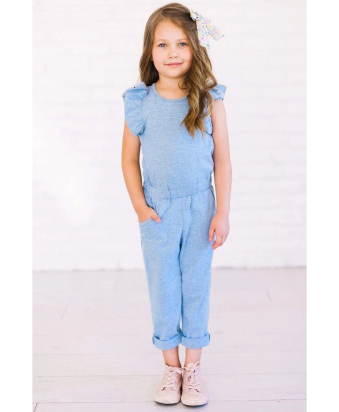 Sky Blue Little Girls Ruffled Shoulder Keyhole Back Jumpsuit with Pockets