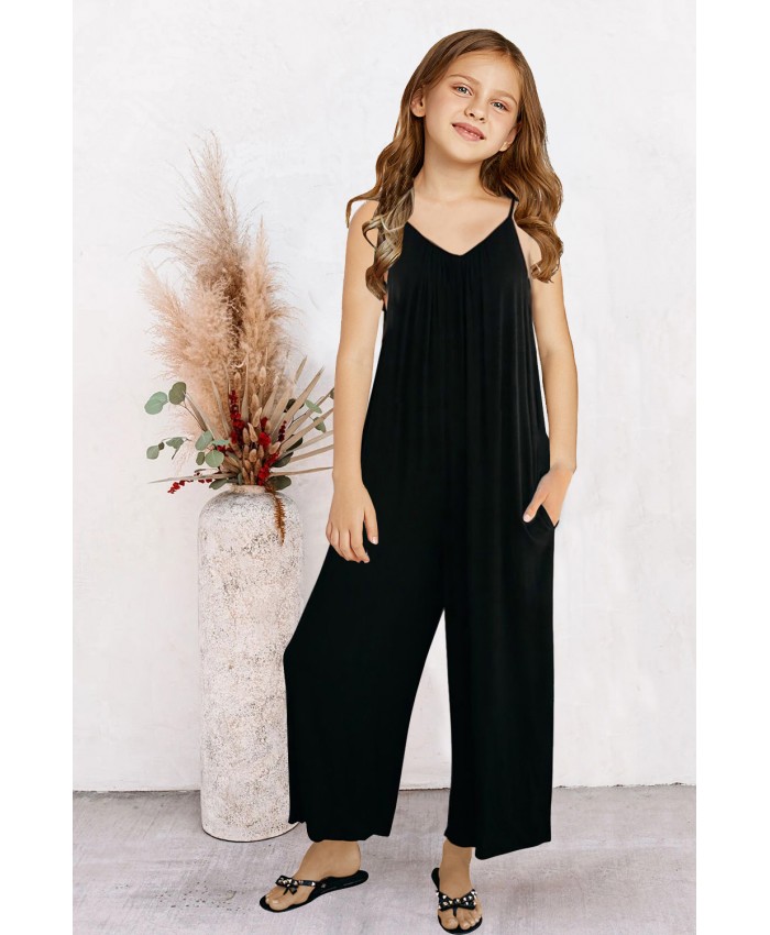 Black Spaghetti Strap Wide Leg Girl’s Jumpsuit with Pocket