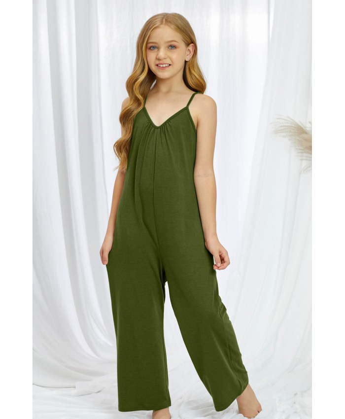 Green Spaghetti Strap Wide Leg Girl's Jumpsuit with Pocket