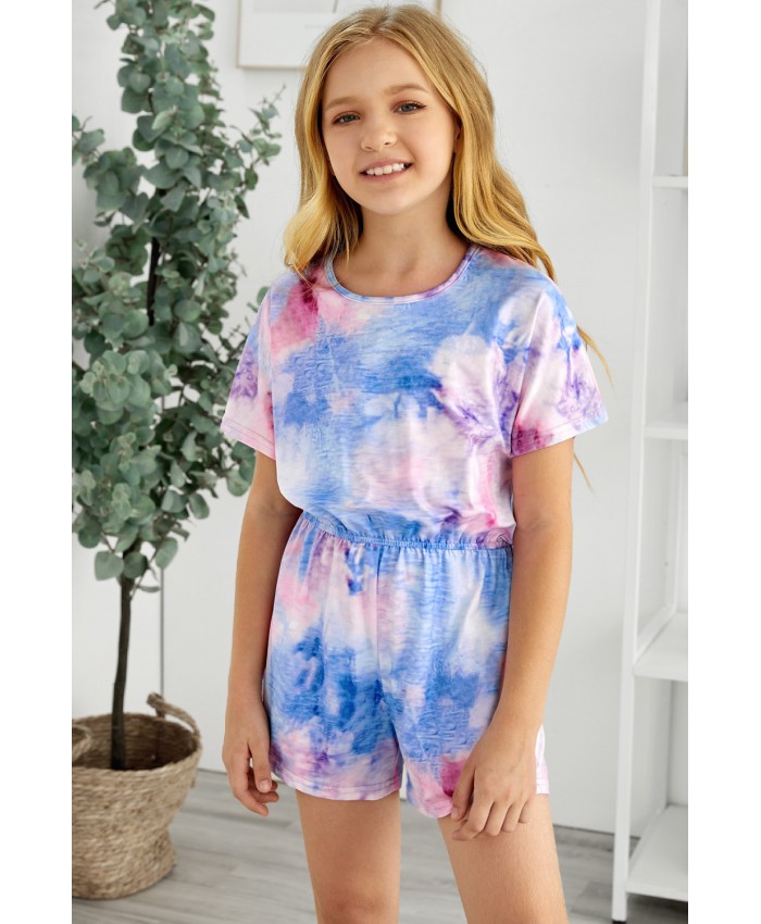 Sky Blue Tie-dye Short Sleeve Little Girl Romper