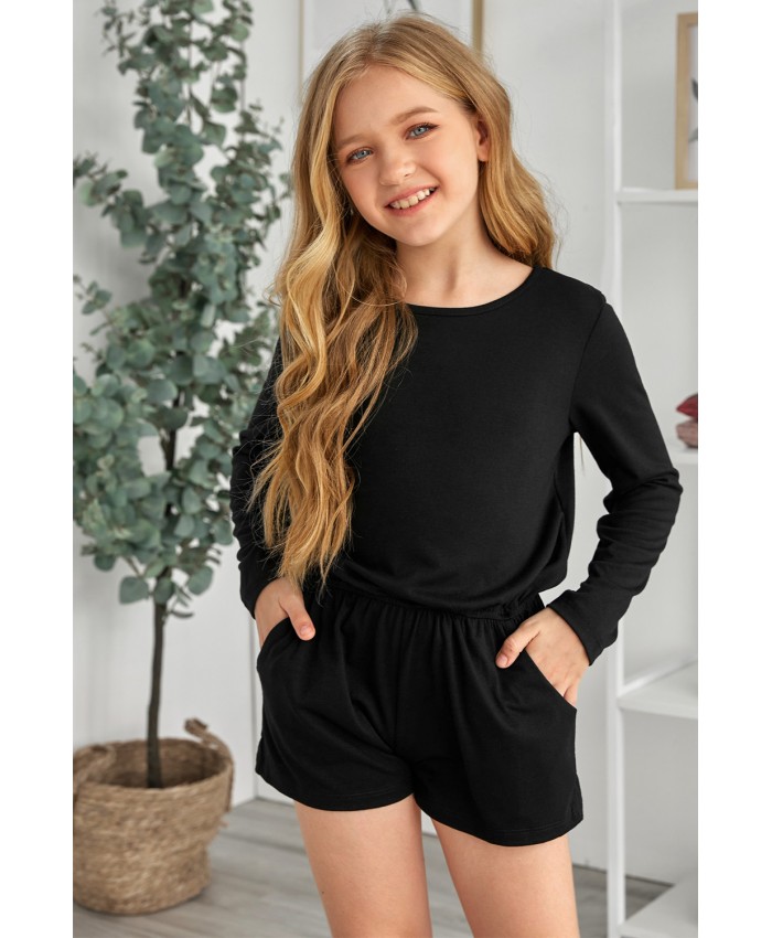 Black Solid Color Long Sleeve Elastic Waist Pocket Girl’s Romper