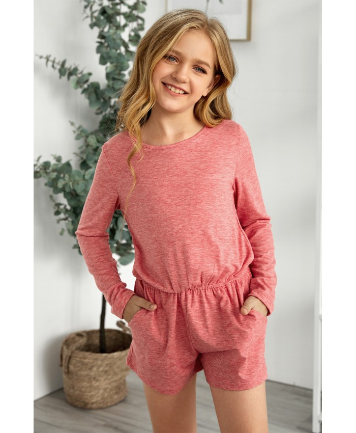 Solid Color Long Sleeve Elastic Waist Pocket Girl’s Romper