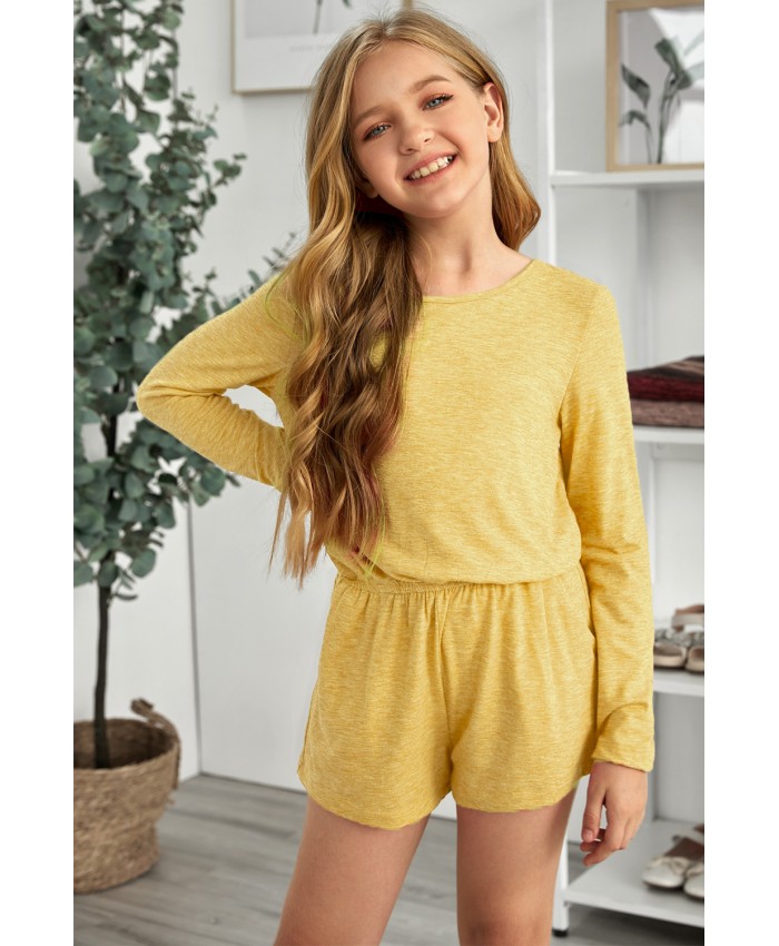 Yellow Solid Color Long Sleeve Elastic Waist Pocket Girl’s Romper