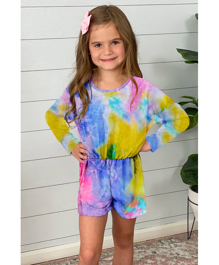 Yellow Long Sleeve Elastic Waist Tie-dye Girl’s Romper