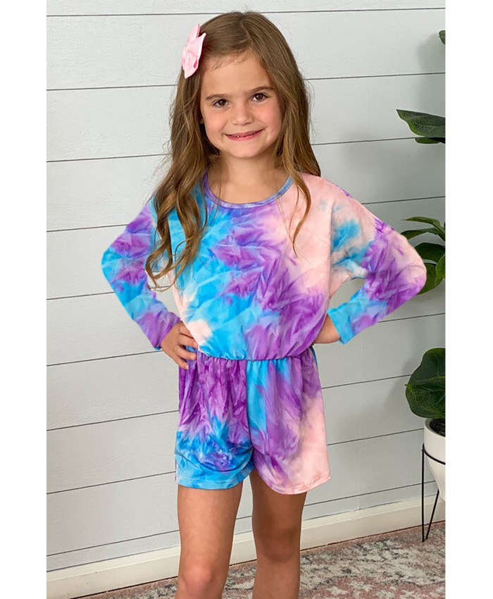 Purple Long Sleeve Elastic Waist Tie-dye Girl’s Romper