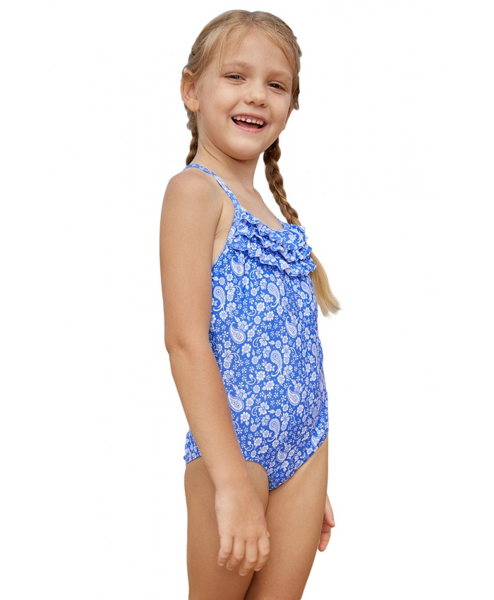 Blue White Paisley Print Little Girl Maillot with Ruffle