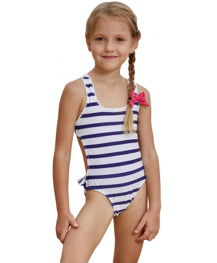 Navy Blue Striped Cross Back Maillot for Little Girls