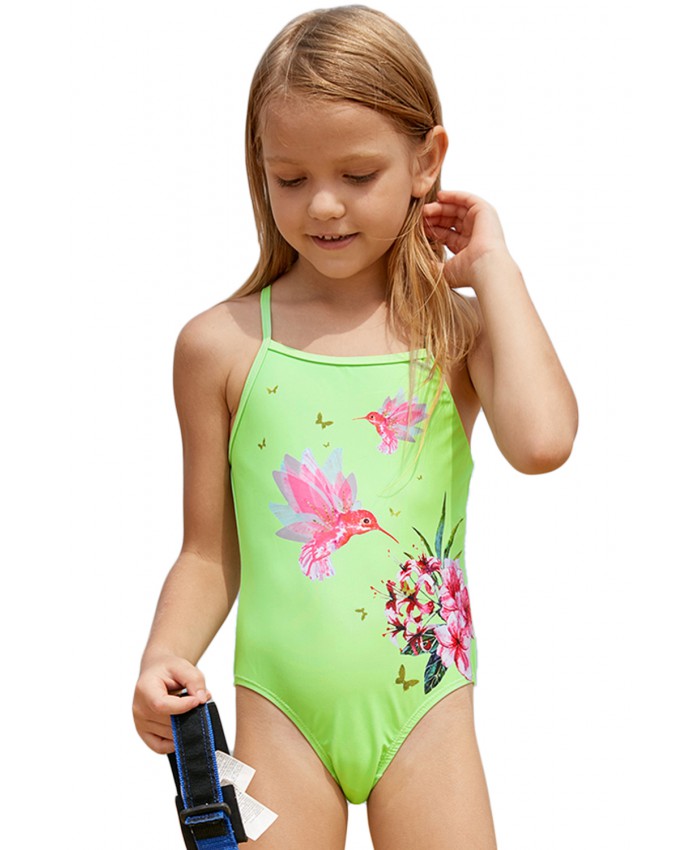 Neon Green Floral and Birds Little Girls One-piece Swimwear