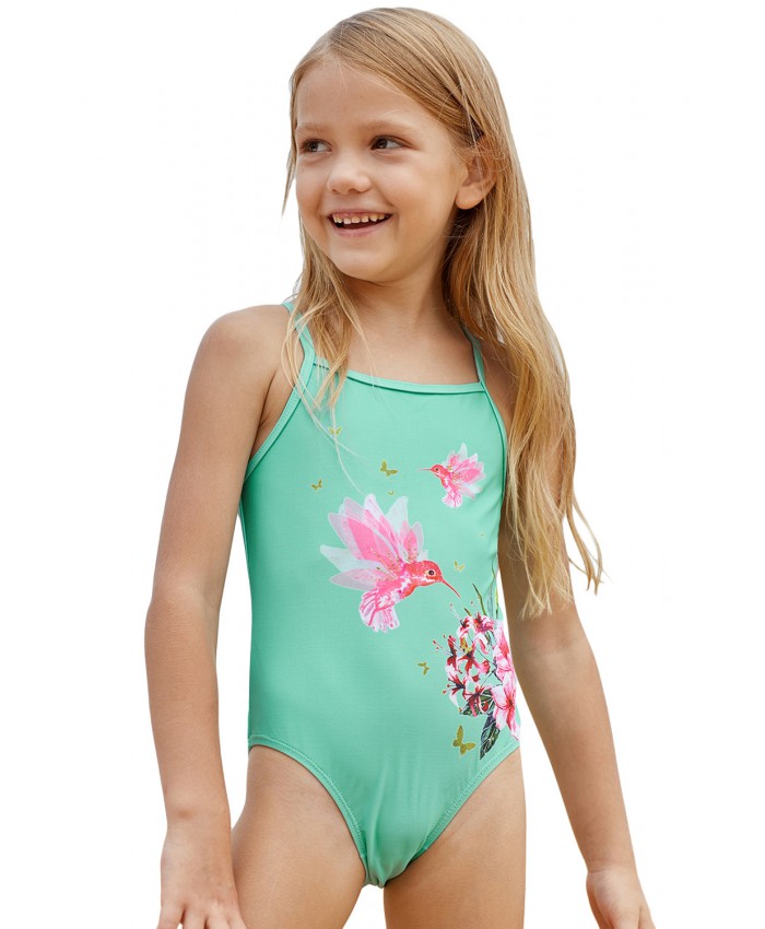 Mint Floral and Birds Little Girls One-piece Swimwear