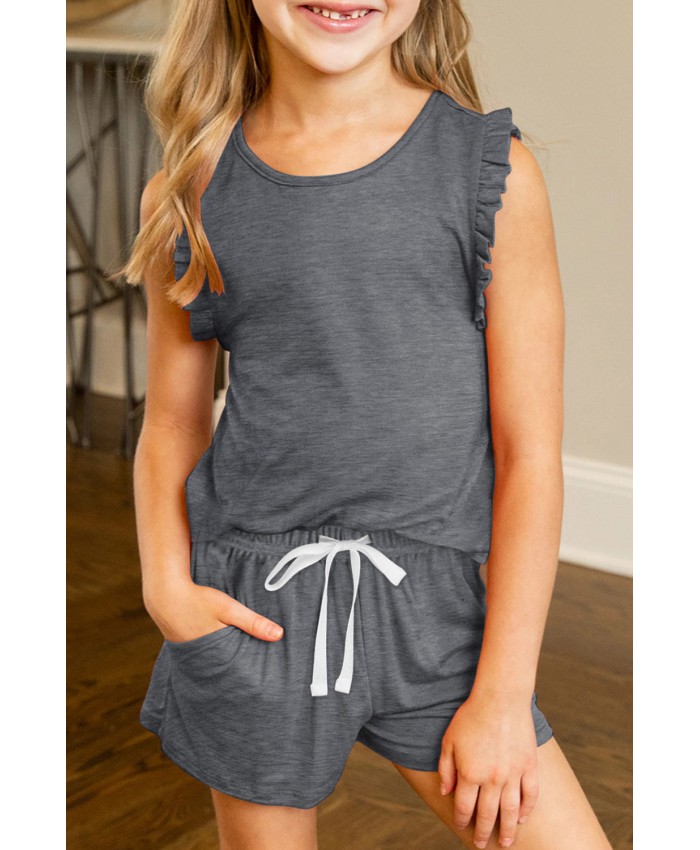 Gray Solid Color Girl's Ruffle Tank and Drawstring Shorts Set