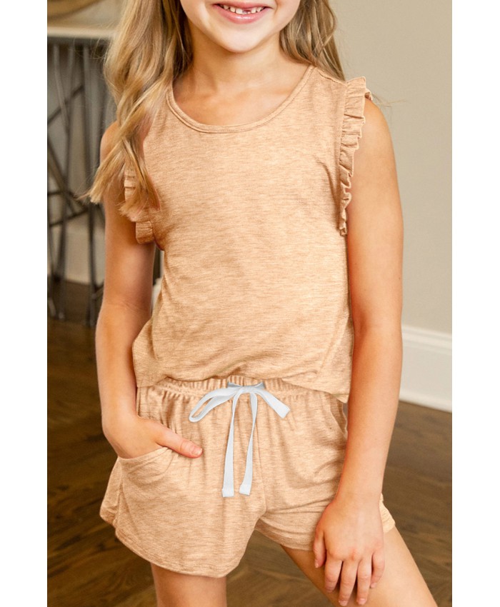 Apricot Solid Color Girl's Ruffle Tank and Drawstring Shorts Set