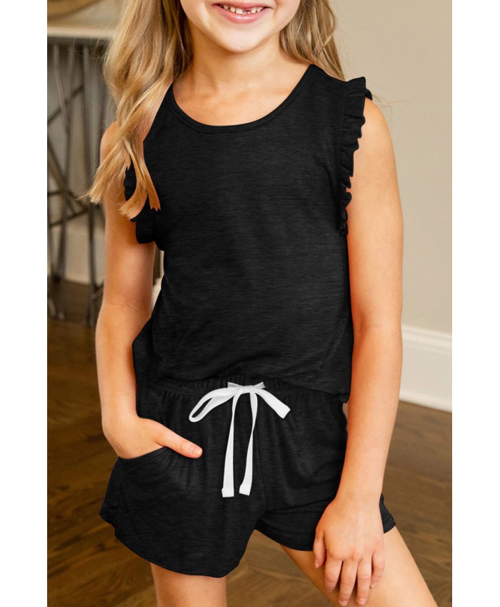 Black Solid Color Girl's Ruffle Tank and Drawstring Shorts Set