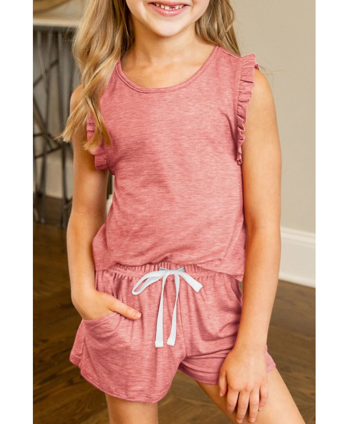 Solid Color Girl's Ruffle Tank and Drawstring Shorts Set