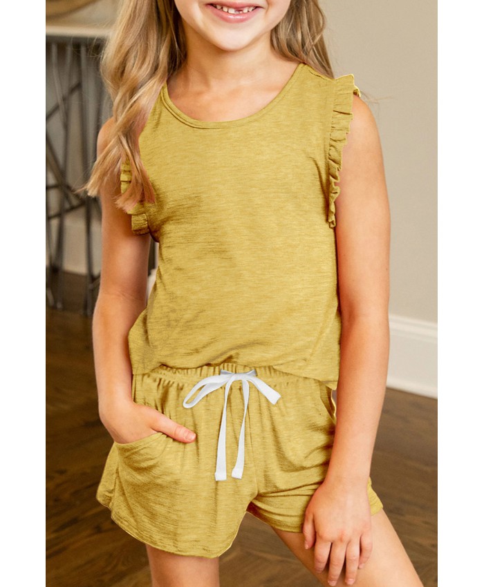 Yellow Solid Color Girl's Ruffle Tank and Drawstring Shorts Set