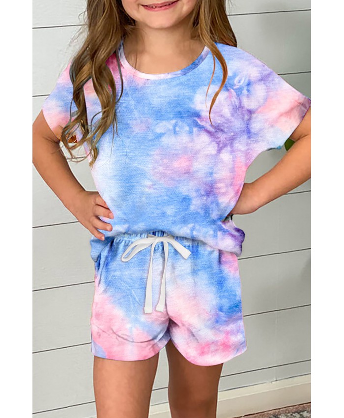 Sky Blue Girl's Tie Dye T Shirt and Drawstring Shorts Set