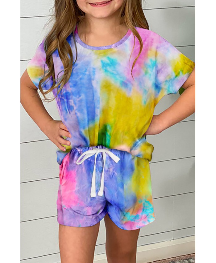 Yellow Girl's Tie Dye T Shirt and Drawstring Shorts Set