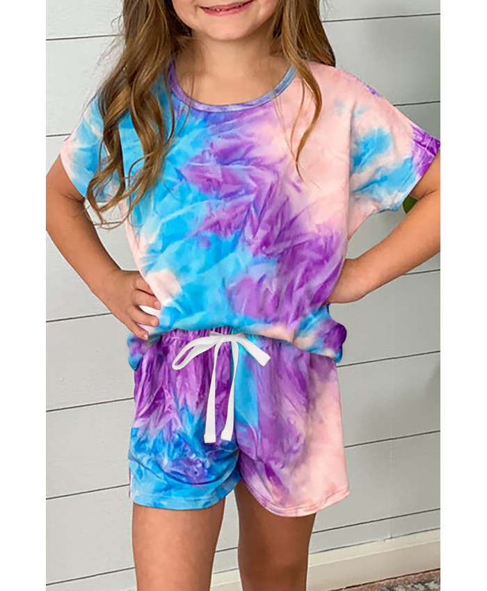 Purple Girl's Tie Dye T Shirt and Drawstring Shorts Set